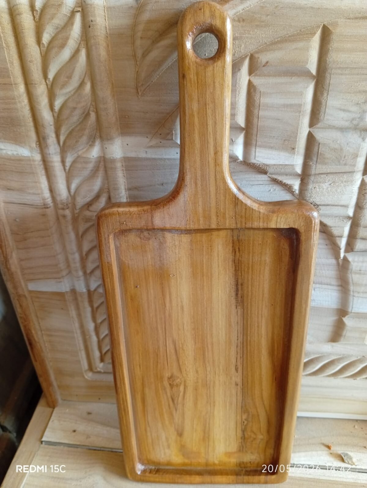 Handmade Teak Wood Serving Tray with Handle – Rectangular Snack & Breakfast Tray - Image 2