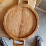 Round Teak Wood Serving Tray with Handles | Handmade Wooden Food Tray