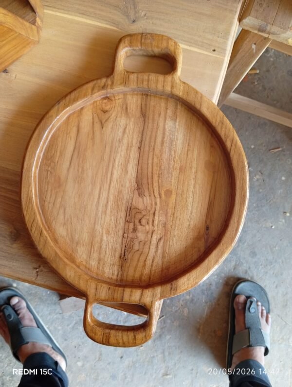 Round Teak Wood Serving Tray with Handles | Handmade Wooden Food Tray