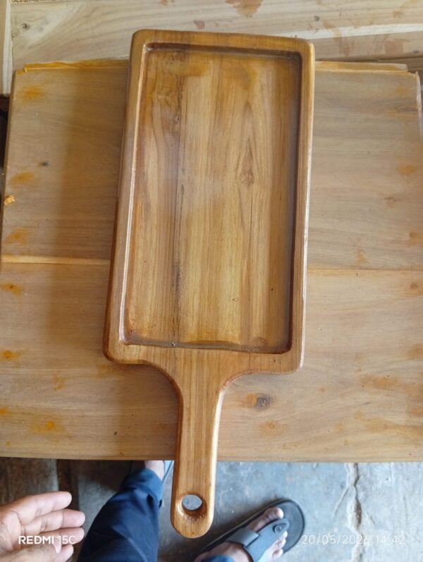 Handmade Teak Wood Serving Tray with Handle – Rectangular Snack & Breakfast Tray