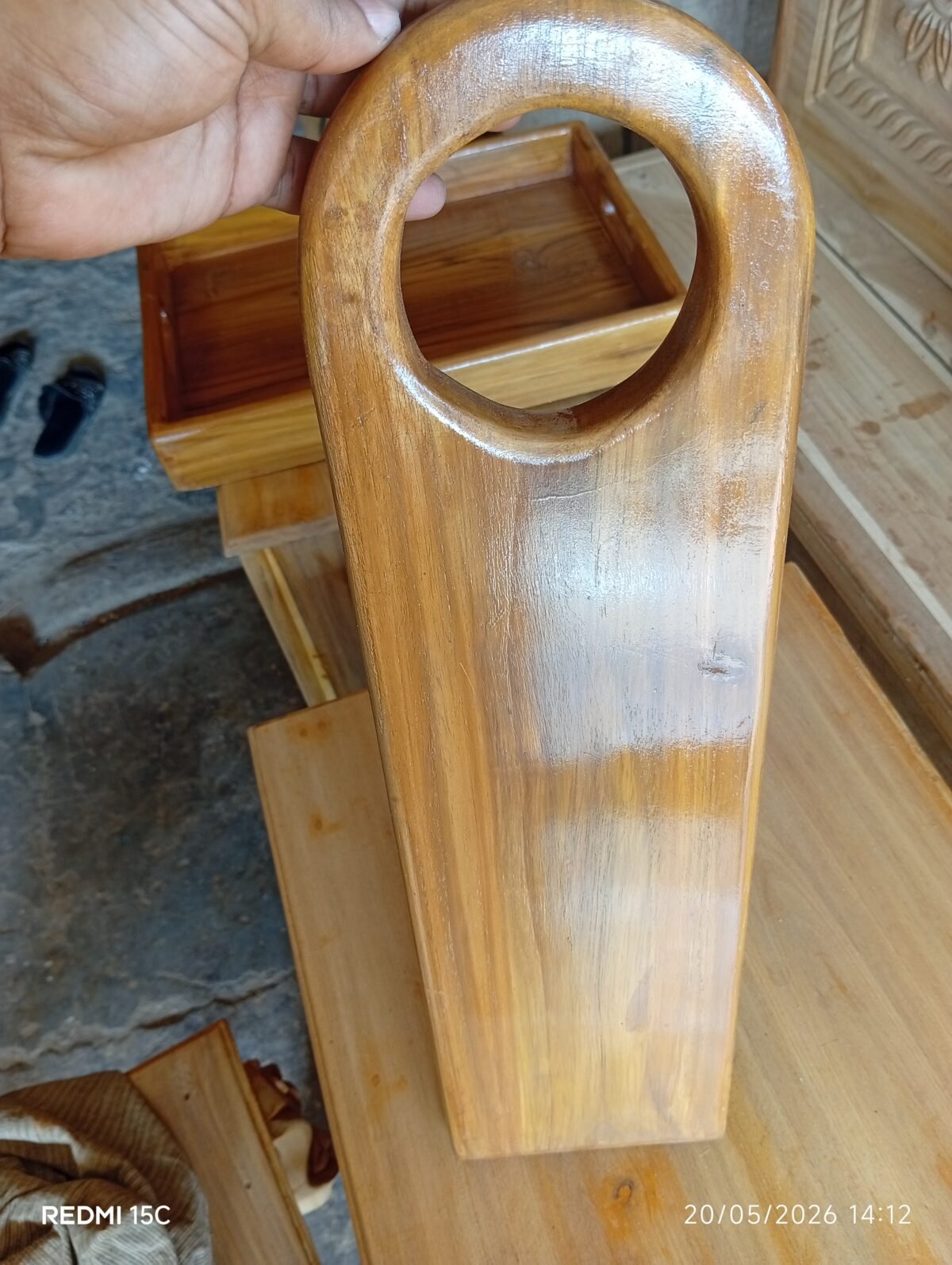 Handcrafted Tall Teak Wooden Serving Board with Round Handle - Image 3